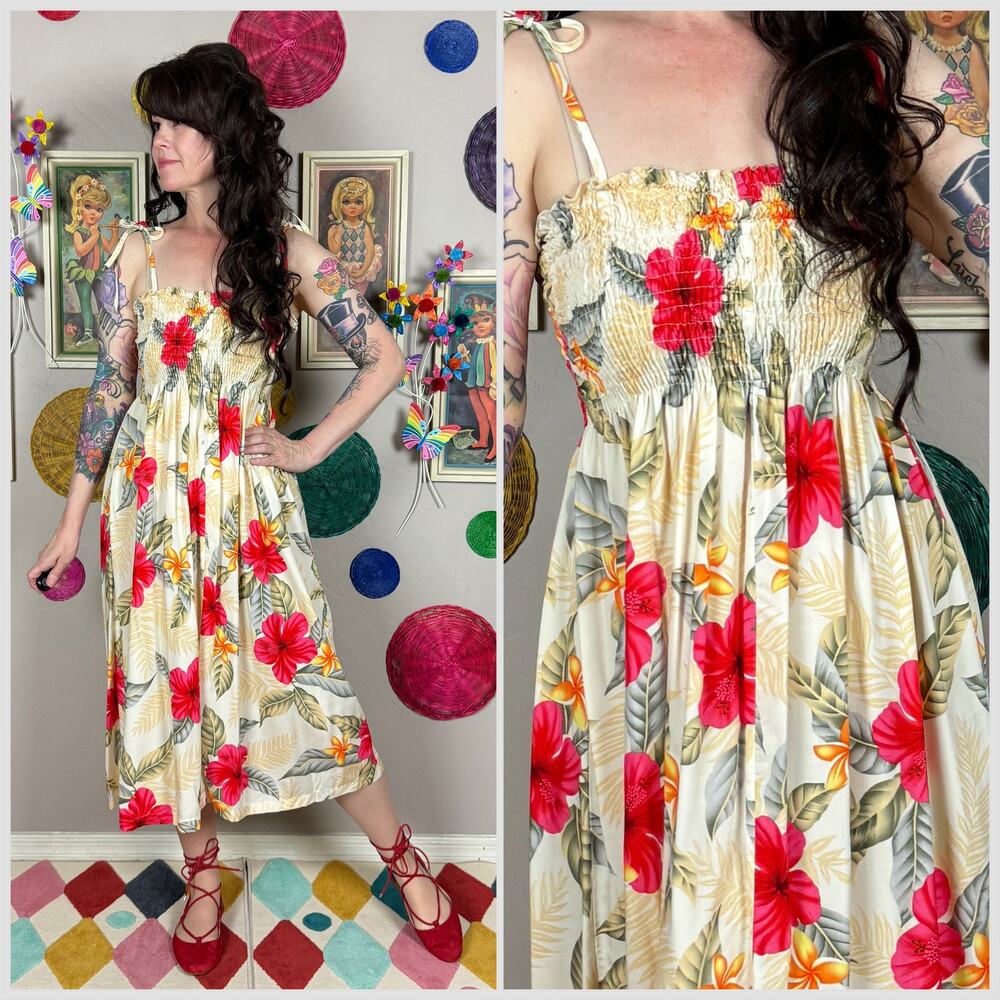Vintage Y2K Hawaiian Floral Tie Strap Smocked Tiki Sundress